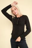 Button Down Washed Waffle Knit Top - Black