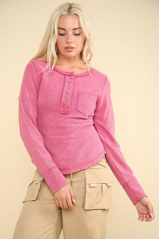 Button Down Washed Waffle Knit Top - Pink