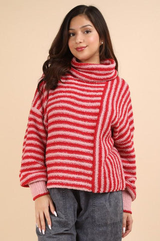 Candy Cozy Mock Neck Striped Sweater - Pink Red