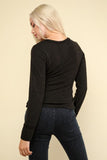 Button Down Washed Waffle Knit Top - Black