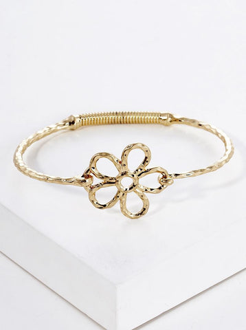 Hammered Metal Flower Accent Bangle Bracelet