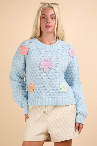 Floral Appliqué Crochet Sweater - Sky