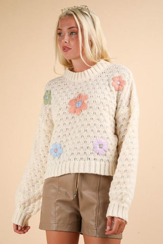 Floral Appliqué Crochet Sweater - Cream